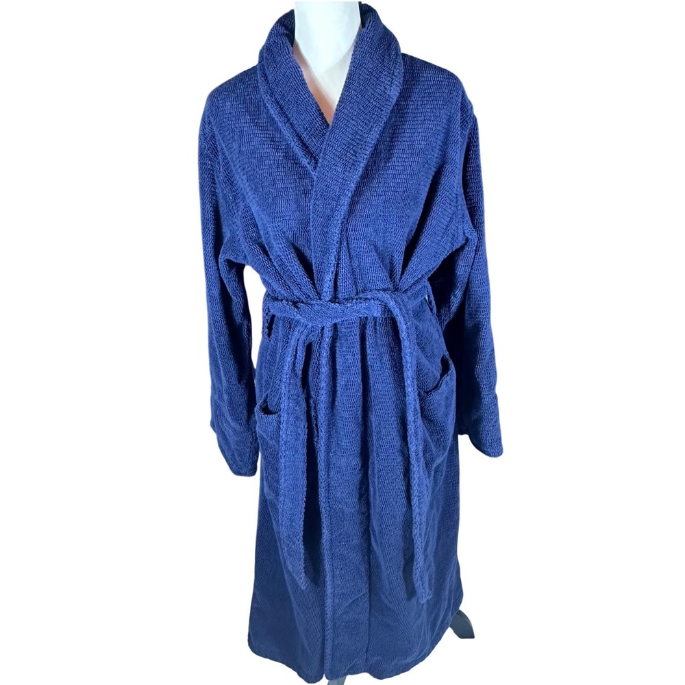 Lands End Robe Women 2X Deep Sea Navy Cotton Terry Cloth Shawl Collar Pocket